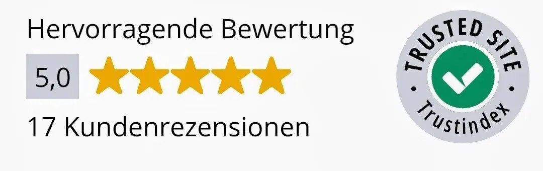 Bewertungssiegel mit fünf Sternen und der Aufschrift 'Hervorragende Bewertung' sowie der Anzahl der Kundenrezensionen.