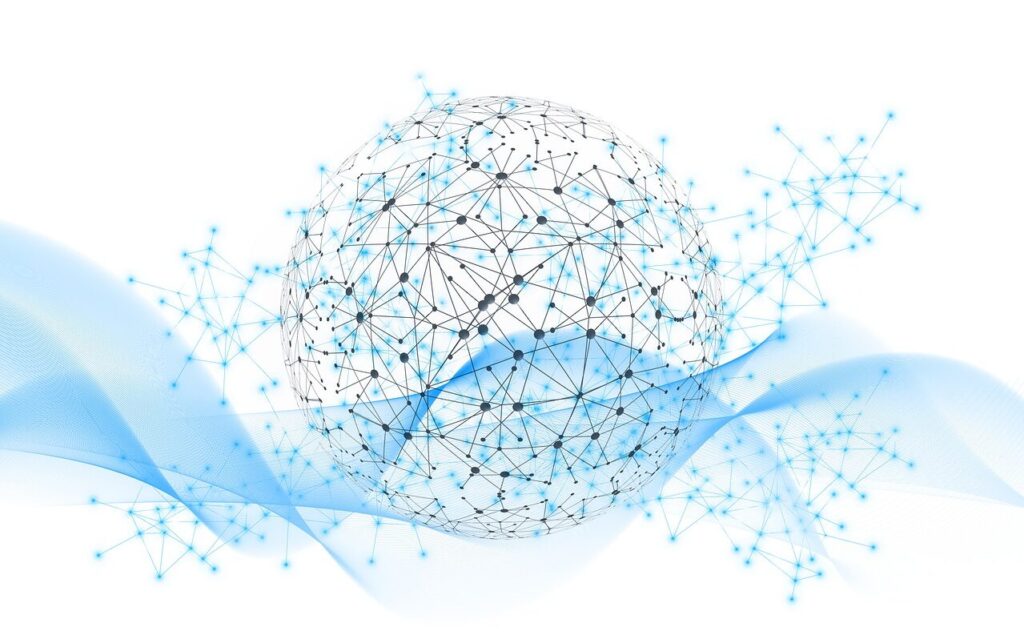 Grafik eines Globus, der durch Linien und Punkte verbunden ist, mit blauen Akzenten und einem abstrakten Hintergrund.