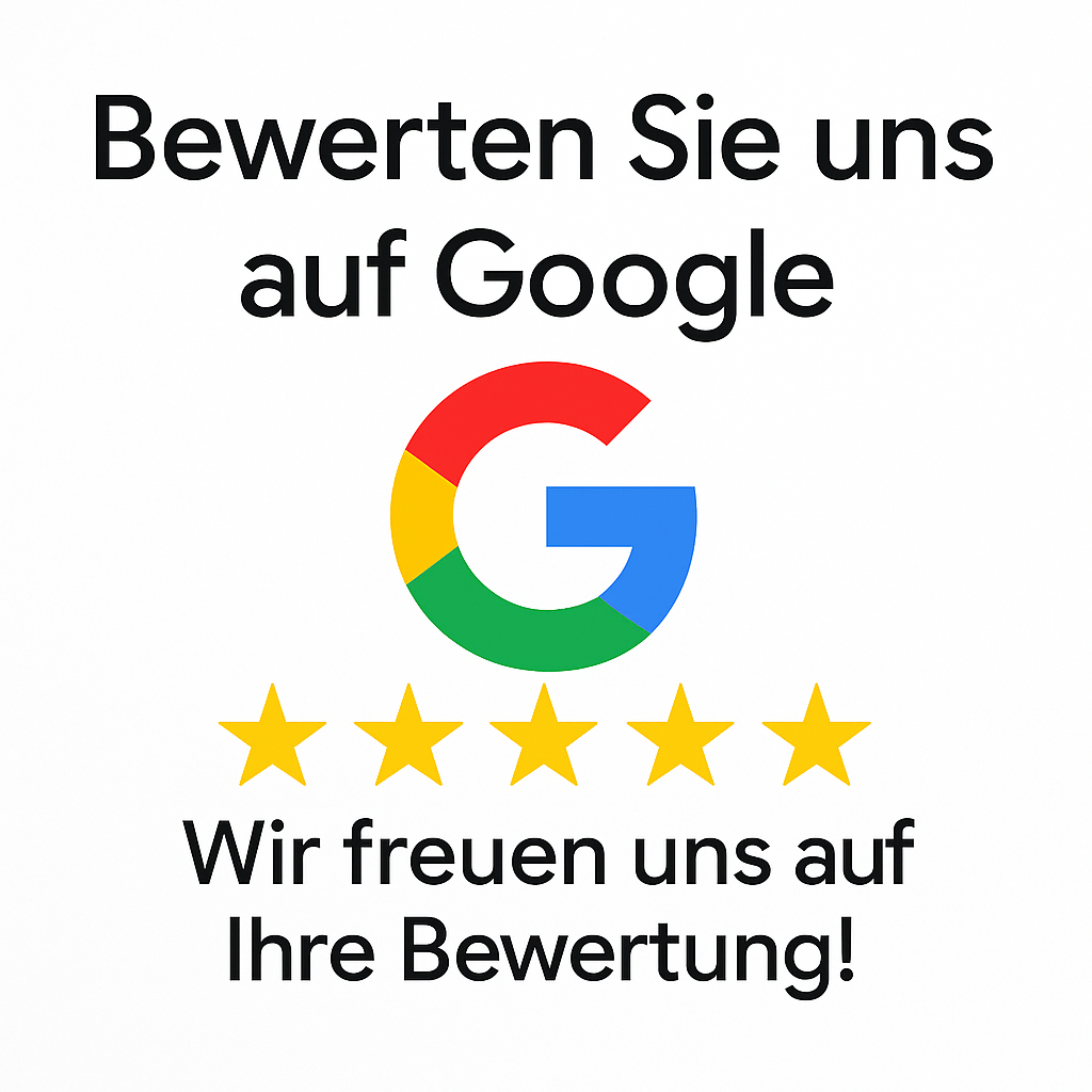 Grafik mit Google-Logo und der Aufforderung zur Bewertung auf Google mit fünf Sternen.