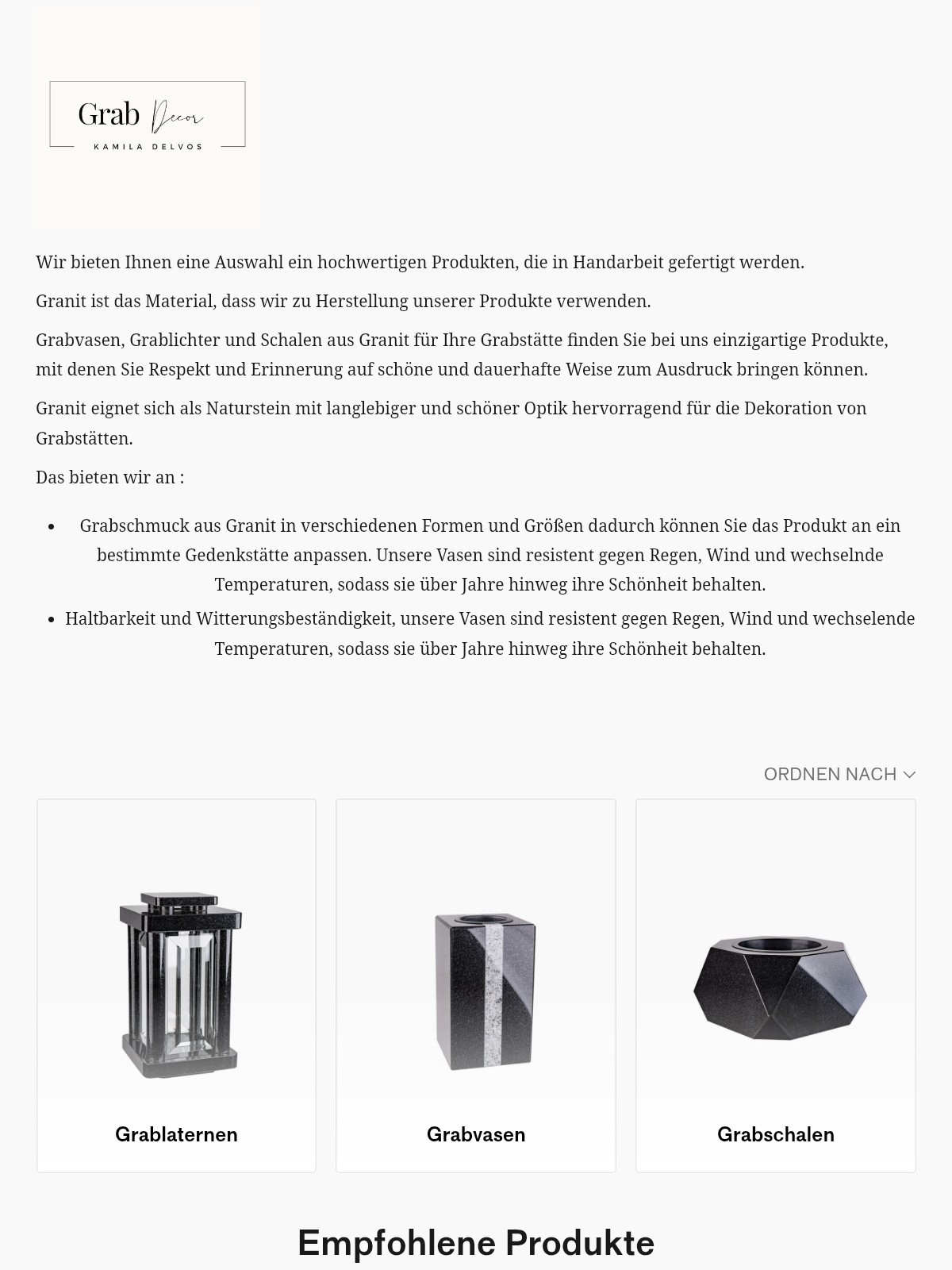 Granitschalen und Grabsteine in verschiedenen Formen und Größen, die für die Grabgestaltung verwendet werden.