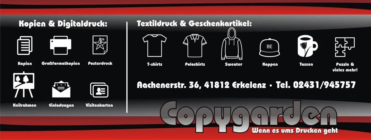 Grafik mit verschiedenen Druckdienstleistungen und Produkten, einschließlich T-Shirts, Tassen und Postern.